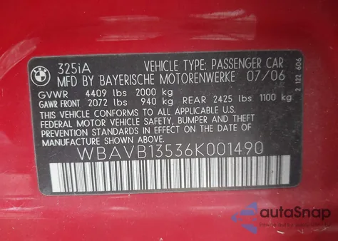 2006 BMW 325I from USA, damaged, VIN WBAVB13536K001490
